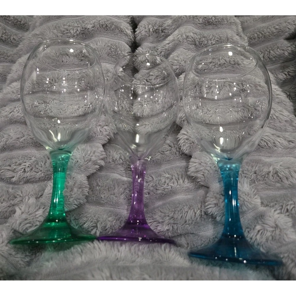 Set Of 3 Wine Glasses Clear Bowl 7" Purple, Green, & Blue. EUC!! MCM!!